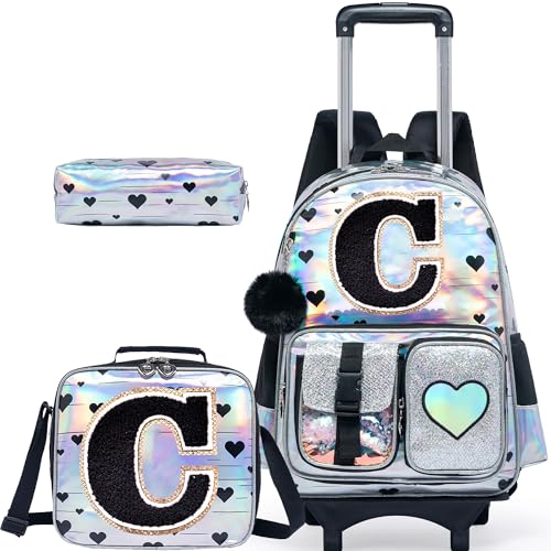 HTgroce Cute Rolling Backpack with Wheel,School Backpack for Kids Girl Roller Schoolbag Wheeled Backpacks Set Carry-on Luggage,Initial C - color: Silver, style: C