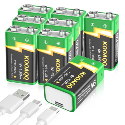 8-Pack Rechargeable 9v Batteries, USB-C Recharge 1300mAh 9 Volt Lithium-ion Long Lasting Power for SmokAlarms, Microphones, Multimeters, Walkie-Talkie, Metal Detector, Toys, with 2 in 1 Charging Cable - size: 8-Pack