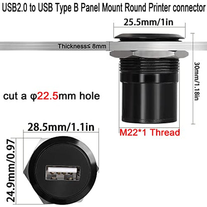 QIANRENON USB2.0 to USB B Threaded Fixed Printer Adapter USB2.0 Female to USB Type B Female Panel Mount Round Connector for PC Printer Scanner Laptop