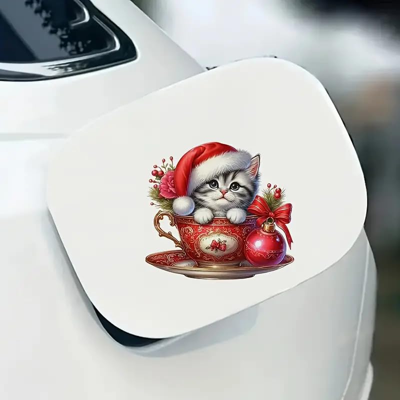 Merry Christmas Cat Ball Hat PVC Vinyl Car Decals Stickers Waterproof Self-Adhesive Decals for Cars, Laptops, Trucks, Motorcycles Wall Window Luggage Scratch Cover Door Decor Sticker