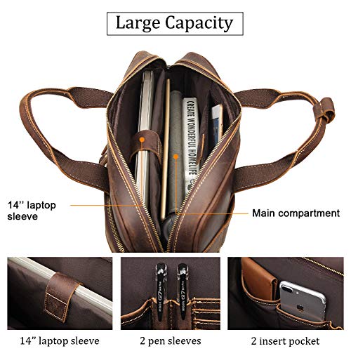 Augus Leather Briefcase for Men, 16 Inch, Full-Grain Leather, YKK Zipper - color: Coffee
