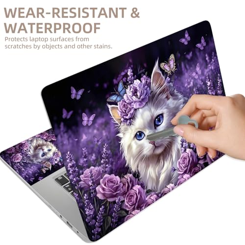 Universal Laptop Skin Sticker for 12/13/14/15.6 Inch Laptops, Reusable Vinyl Laptop Decal Cover, Waterproof Scratch Resistant Notebook Skin with 2 Wrist Pads,Flower Bed with Cute White Cat - color: Flower Bed with Cute White Cat