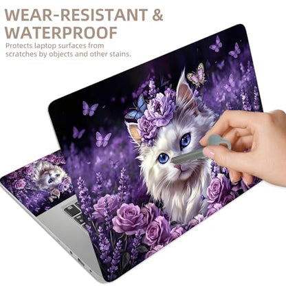 Universal Laptop Skin Sticker for 12/13/14/15.6 Inch Laptops, Reusable Vinyl Laptop Decal Cover, Waterproof Scratch Resistant Notebook Skin with 2 Wrist Pads,Flower Bed with Cute White Cat - color: Flower Bed with Cute White Cat