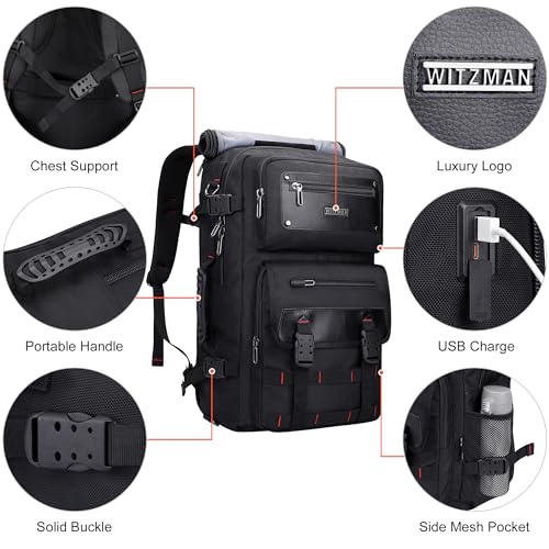 WITZMAN Travel Backpack for Men Duffle Bags Fits 17 Inch Laptop | Nylon Water-resistant 3-in-1 Carry on Backpack Airline Approved, Large Convertible Overnight Rucksack, B685 Black - color: Black