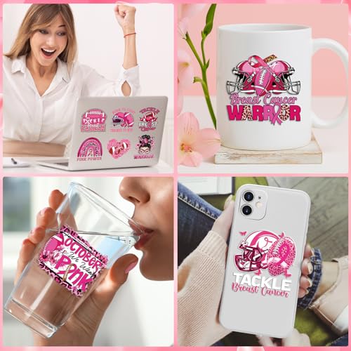 Rngmsi Football UV DTF Stickers - 20 Pcs Beast Cancer Awareness UV DTF Cup Wraps for 16 oz Pink Ribbon Bow UVDTF Transfer Decals for Glasses Cups Mug DIY Crafts - style: Football Beast Cancer Awareness