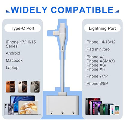 XD Card Reader for Lightning/USB C, 3 in 1 SD Card Reader, XD/SD/TF XD Picture Card Reader for iPhone 17/16/15/14/Macbook/Android/PC/Computer/Laptop, Plug & Play