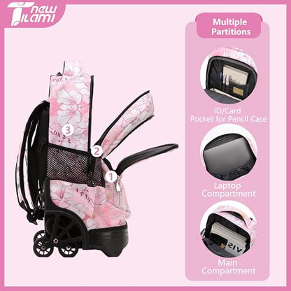 NEW TILAMI 18 Inch Rolling Backpack with Lunch Bag for Girls Boys School | 6-Wheel Stair-Climbing Girls Boys Carry-on Suitcase Water-Resistant Adjustable Trolley Handle Wheels School Travel Camping - color: Pink Flowers