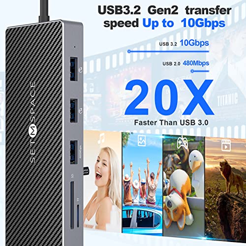 SETMSPCE Docking Station(Three Monitors), DP 4K@60Hz, 2*HDM 4k@60Hz,PD100W, 2*USB-A 10Gbps, PD100W, RJ45 1000Mbps, 2*USB-A 2.0, SD/TF, Audio, Docking Station for USB-C Devices' Data Transmission - size: PD, HDMI, USB-A, SD, TF, 3.5mm Jack, RJ45, DP