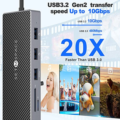 SETMSPCE Docking Station(Three Monitors), DP 4K@60Hz, 2*HDM 4k@60Hz,PD100W, 2*USB-A 10Gbps, PD100W, RJ45 1000Mbps, 2*USB-A 2.0, SD/TF, Audio, Docking Station for USB-C Devices' Data Transmission - size: PD, HDMI, USB-A, SD, TF, 3.5mm Jack, RJ45, DP