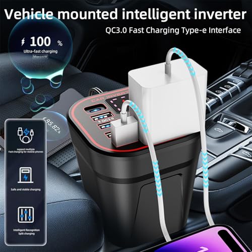 200W Power Inverter, 12V/24V DC to 110V AC Car Plug Adapter Outlet Converter with [18W USB-C]/car Charger for Laptop
