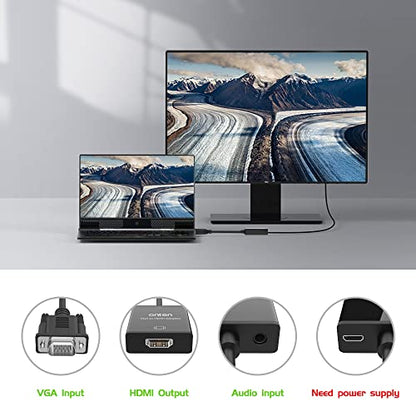 ONTEN VGA to HDMI Adapter, 1080P VGA to HDMI (Male to Female) for Computer, Desktop, Laptop, PC, Monitor, Projector, HDTV with Audio Cable and USB Cable (Black) (2 Pcs)