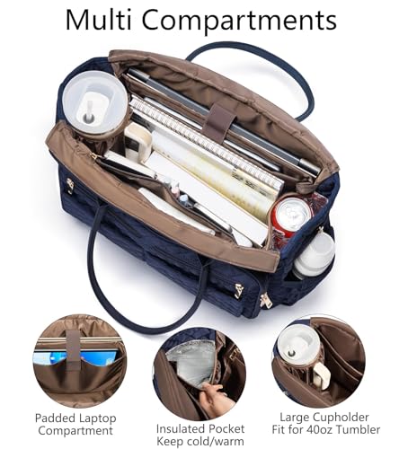 Bagstellar Teacher Tote Bag for Women, 15.6" Laptop Work Tote Computer Bag | Quilted Bible Nurse Bag with 40oz Cup Holder, Insulated Pocket & Strap, Large Laptop Briefcase for School Travel Office Gifts - color: Navy Blue