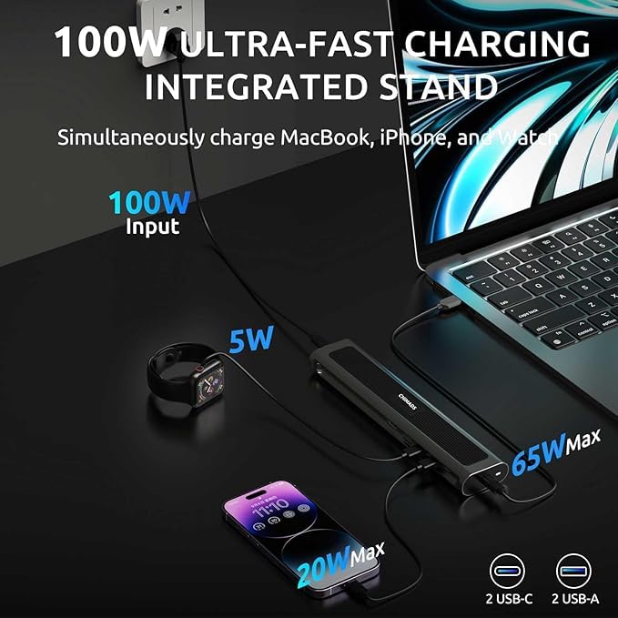 Laptop Docking Station, Portable Universal All-in-one Docking Charging Station with Adjustable Cooling Stand, 100W Powered Supply and USB-C Hub 4K HDMI for Different Devices