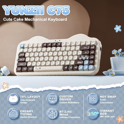YUNZII C75 Cute 75% Wireless Mechanical Keyboard (Choco, Milk V2 Switch) | Creamy Cake Keyboard, BT5.0/2.4G/USB-C, Hot-Swap, NKRO, PBT MOA Keycaps,5500mAh RGB Gasket Mount for Mac/Win/Gaming/Office - color: Choco, size: Milk V2 Switch