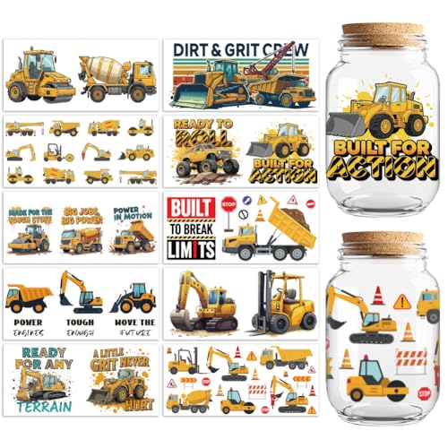 Construction Vehicle UV DTF Cup Wraps, 10 Sheets Transfer Sticker | Waterproof UV DTF Stickers, Custom Vinyl Decals for 16oz Coffee Cups Tumblers Bottles Mugs, DIY Gifts & Crafts - style: Construction Vehicles