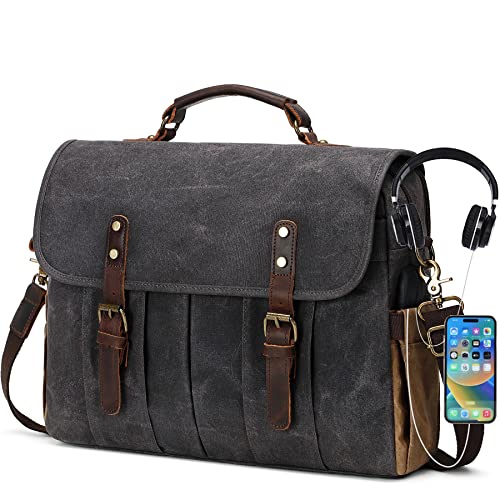 NerIion Messenger Bag for Men 15.6 Inch Vintage Canvas Genuine Leather Briefcase for Men Laptop Bag Satchel Shoulder Bag - color: Dark Gray