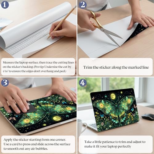 Universal Laptop Skin Sticker Decal,15.6 Inch Laptop Vinyl Cover for 13" 14" 15.6" Laptop,Scratch-Resistant Waterproof Protector Wrap,Reusable with Wrist Pads,Green Moth - color: Green Moth