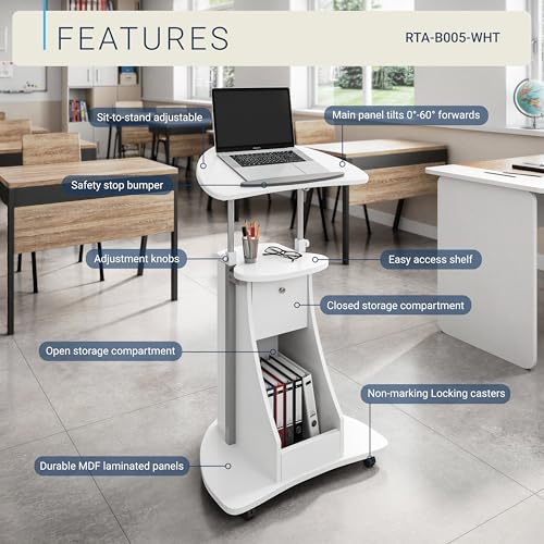Techni Mobili Adjustable Height Rolling Laptop Cart with Storage, White | Adjustable height rolling laptop cart with storage, open shelf, wheels, sit‑to‑stand ideal for podium office medical use - color: White