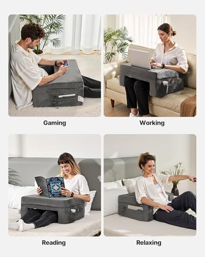 VEVOR Reading Pillow for Gaming, Extra Large Lap Desk Pillow with Pockets and Cup Holder, Laptop Pillow with Memory Foam Bed Rest, Bed Pillow for Sitting Up for Gaming, Reading, Resting, Working, Grey