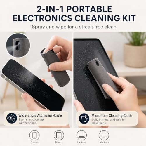 2-in-1 Portable Electronics Cleaning Kit with Microfiber Spray Bottle & Cloth for Phone, Tablet, Computer, TV, Car, Glasses, and Screen Maintenance - Dust Removal Tool (Grey) - color: Grey
