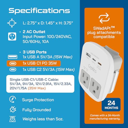 Ceptics 35W Universal Travel Adapter Kit – 2 USA sockets, USB-A, USBC, 1x PD 35W USB-C and USBC Cable, Surge Protected, Plugs for EU, UK, China, AU, Japan - for Laptop, Phone, Camera-ETL Tested - color: Beige