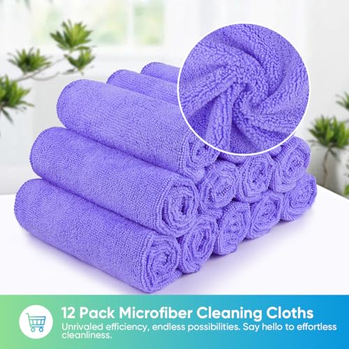 HOMEXCEL Purple Microfiber Cleaning Cloth, 12 Pack Premium Microfiber Towels for Cars, Lint Free, Scratch-Free, Highly Absorbent, Reusable Cleaning Rags for Car, Household, Kitchen, Window,11.5"X11.5" - color: Purple