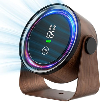 Small Desk Fan 5000mAh Rechargeable Battery – Retro Low Noise Portable Table Fan with 5 Speeds, 360° Rotation, LED Night Light – Perfect for Office Bedroom Kitchen Dorm Camping Wall Mountable-Walnut - color: Walnut