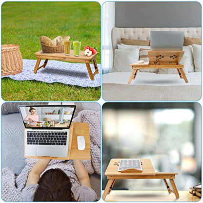 Bamboo Laptop Desk Breakfast Serving Bed Tray Foldable Leg Multi-Position Adjustable Tilt Surface Bed Lap Tray with Side Storage Drawer for Work Study Reading Eating Food