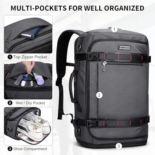 WITZMAN Travel Backpack for Men 35L TSA Friendly Flight Approved | Nylon Laptop Backpack Multi-pocket Fits 16 Inch, Carry-on Luggage, Shoe Compartment, For Business Trip, Vacation, B718 Grey - color: Silvery Grey
