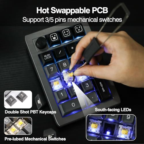 EPOMAKER EK21 VIA Gasket Number Pad, Bluetooth 5.0/2.4ghz/Wired Hot Swappable Numpad, with Poron Foam, Aluminum Alloy Knob, 1000mAh Battery, Programmable (Black, Flamingo Switch)