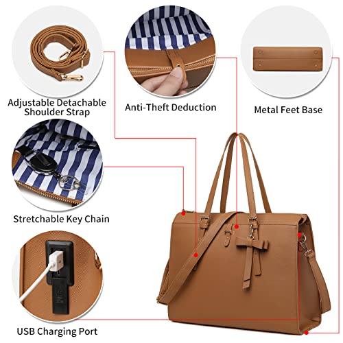 Keyli 4pc Sets Laptop Bag for Women Large Leather Laptop Briefcase with USB Charging Port Computer Shoulder tote Bags Purse - color: Brown