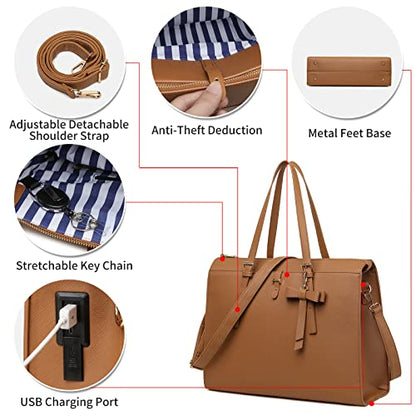 Keyli 4pc Sets Laptop Bag for Women Large Leather Laptop Briefcase with USB Charging Port Computer Shoulder tote Bags Purse - color: Brown