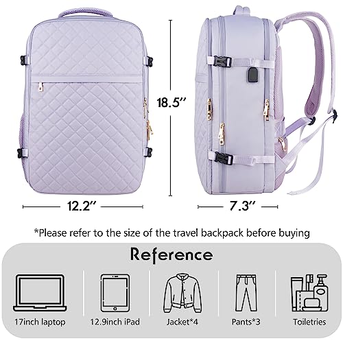 Large Travel Backpack Women, Flight Approved Carry On Backpack, Water Resistant Anti-Theft Large Casual Daypack Fit 17 Inch Laptop with USB Charging Port - color: Purple, size: 17.3 inch