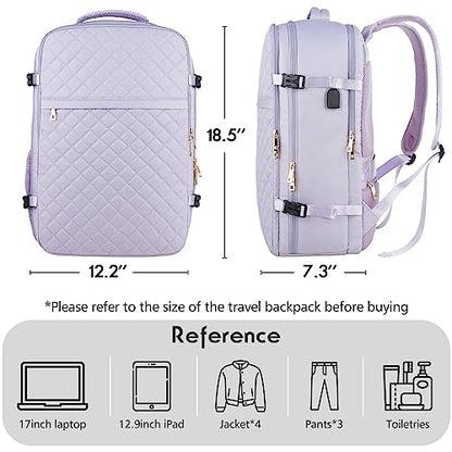 Large Travel Backpack Women, Flight Approved Carry On Backpack, Water Resistant Anti-Theft Large Casual Daypack Fit 17 Inch Laptop with USB Charging Port - color: Purple, size: 17.3 inch