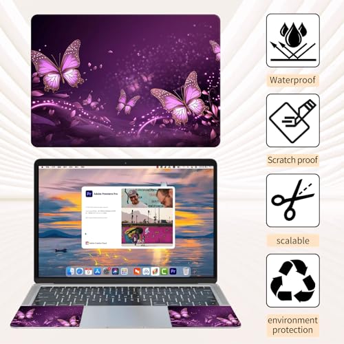 15.6 Inch Laptop Skin Sticker, Reusable Vinyl Cover Protector with 2 Wrist Pad Skins, Removable Waterproof Scratch-Resistant for 12-15.6 Inch Laptop Notebook,Purple Butterflies - color: Purple Butterflies