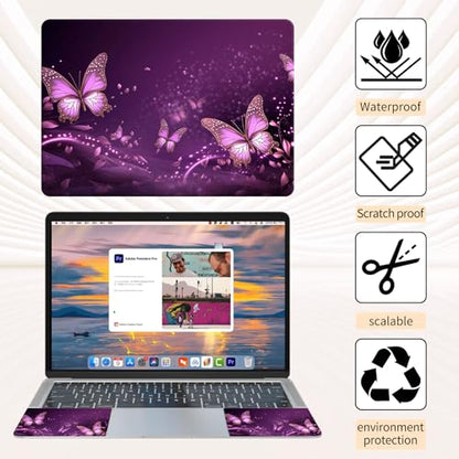 15.6 Inch Laptop Skin Sticker, Reusable Vinyl Cover Protector with 2 Wrist Pad Skins, Removable Waterproof Scratch-Resistant for 12-15.6 Inch Laptop Notebook,Purple Butterflies - color: Purple Butterflies