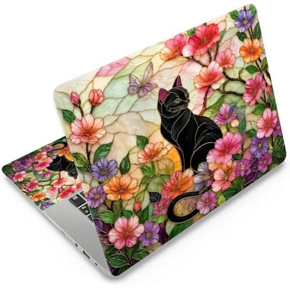 Universal Laptop Skin Sticker Decal 11-15.6 Inches, Black Cat Floral | Reusable Vinyl Sticker for 12.1 13 13.3 14 15.4 Inches Notebook PC, Scratch Resistant Waterproof, Easy to Trim & Apply - color: Black Cat Floral