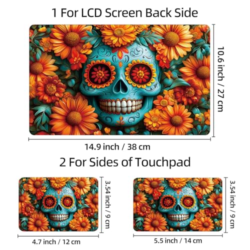 Universal Laptop Skin Sticker Decal, 12"-15.6" Aesthetic Vinyl Wrap, Teal Sugar Skull Flowers Waterproof Notebook Cover Art Protector for MacBook HP Dell Lenovo, Fits 13" 14" 15" 15.6" - color: Teal Sugar Skull Flowers