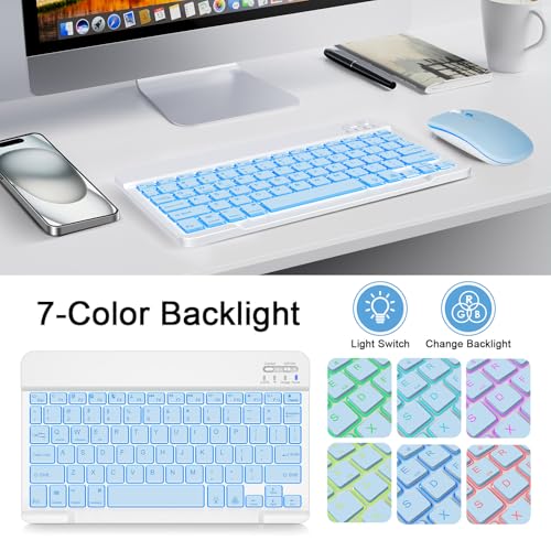 Wireless Keyboard And Mouse Combo, Rechargeable Bluetooth Keyboard & Mouse with 7 Color Backlit and 2.4 GHz Wireless USB Receiver, Compatible with Phone, iPad, PC, Laptop, Windows/iOS/Android, Blue - color: Blue+Backlight