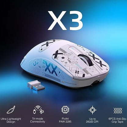 ATTACK SHARK X3 49g Ultra-Lightweight Wireless Gaming Mouse, White&Tape | Bluetooth 5.2/2.4G Wireless/Wired, PAW3395 Gaming Sensor, 26K DPI, 200h Battery Life, Programmable Buttons for PC/Mac/Win - color: White & Griptape