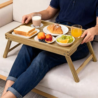 VaeFae Acacia Bed Table Tray, Wooden Breakfast Tray with Folding Legs, Bed Tray for Eating and Laptop, Eating Trays for Bedroom (Large Size) - size: Large