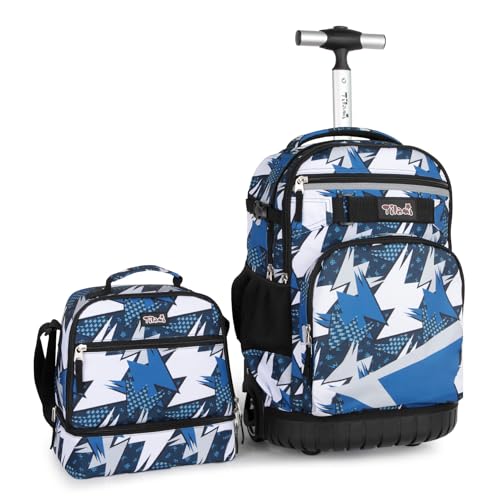Tilami Rolling Backpack & Lunch bag for Kids 19 Inch Wheeled Bookbag for Boys & Girls for School & Travel,Arts Blue - color: Arts Blue