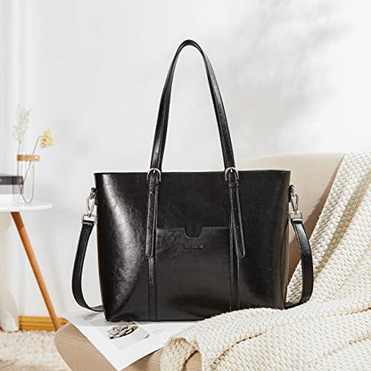BOSTANTEN Genuine Leather Laptop Bag for Women 15.6'' Briefcase Tote Bags | Laptop Compartment, Structured, Professional, Detachable & Adjustable Shoulder Strap, Metal Feet, Work, Office, Business - color: C-black