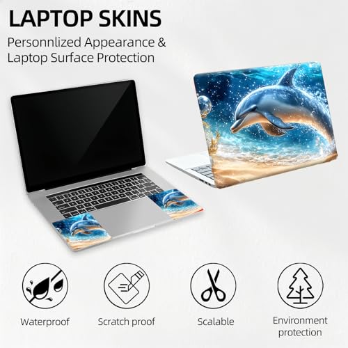 Golden Dolphin Beach Universal Laptop Skin Sticker 3PCS, Protective Decal Trim-to-Fit 11.6" 13.3" 14" 15.6" Laptop Vinyl Cover, Removable Anti-Scratch Computer Decal Protector - color: Golden Dolphin Beach
