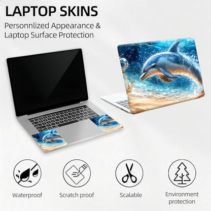 Golden Dolphin Beach Universal Laptop Skin Sticker 3PCS, Protective Decal Trim-to-Fit 11.6" 13.3" 14" 15.6" Laptop Vinyl Cover, Removable Anti-Scratch Computer Decal Protector - color: Golden Dolphin Beach