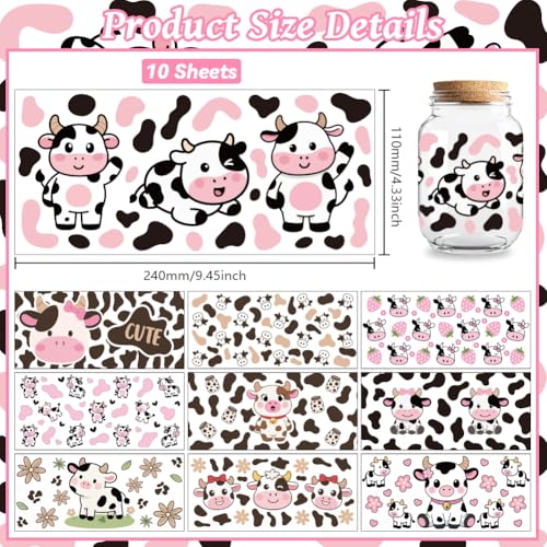 Cow UV DTF Cup Wraps, 10 Sheets Transfer Sticker | Waterproof UV DTF Stickers, Custom Vinyl Decals for 16oz Coffee Cups Tumblers Bottles Mugs, DIY Gifts & Crafts - style: Cow