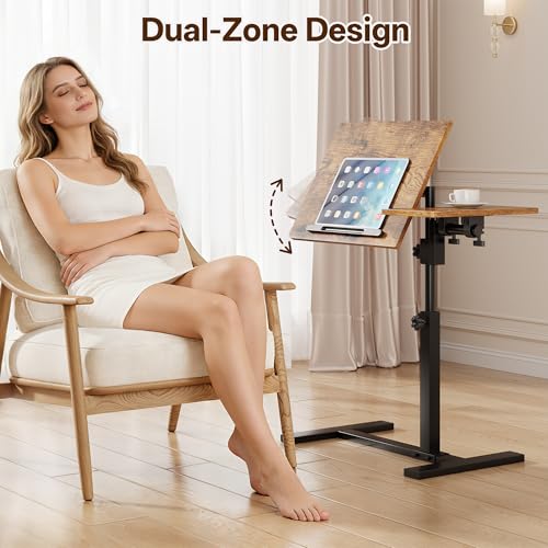 Overbed Table with Wheels Rolling, Adjustable Mobile Bedside Desk, Flip-Top, Laptop Table, C Shaped End Side Table for Couch, Sofa, Bed, Recliner and Home Use, Large Brown - color: Large Brown