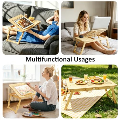 Laptop Desk for Bed, Foldable Bed Tray, Adjustable Angle & Height | Bamboo Laptop Stand with Cup Holder and Drawer, Portable Lap Desk for Couch Sofa Floor, Ideal for Breakfast, Writing, Drawing
