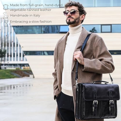 Time Resistance Leather Briefcase for Men Handcrafted in Italy Full Grain Messenger Bag for Laptop - color: Black