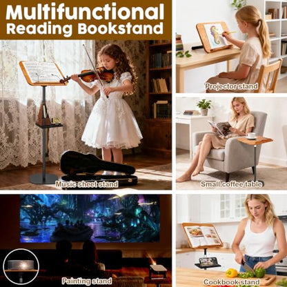2 in 1 Dual-use Music Stand & Desktop Book Stand, Adjustable Height 16.5"-51", 100% Solid Wood Laptop Floor Stand Book Holder with Elastic Page Clips for Cookbooks (Brown with Tray) - color: Brown With Tray
